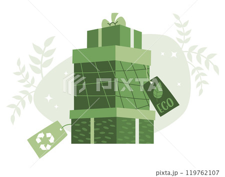 Holiday. Eco friendly shopping. Stack of festive green gift boxes with bows and tags. Vector illustration. Concept Sustainable Fashion and thrift or second hand shopping, environmental care 119762107