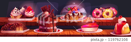 Sweet treats displayed on wooden counter Sweet treats displayed on wooden counter 119762108