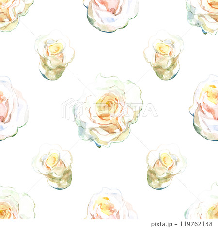 Seamless pattern of white roses buds in collection garden flowers. Watercolor illustration for floral design of fabrics, kitchen towel, textiles, weaving, wallpaper, wrapping paper. Hand painting in 119762138
