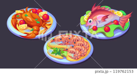 Plated seafood dishes served with colorful garnish 119762153