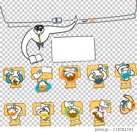 小學課堂場景，學生專心聽課，俯視圖，庫存插畫素材 119762191