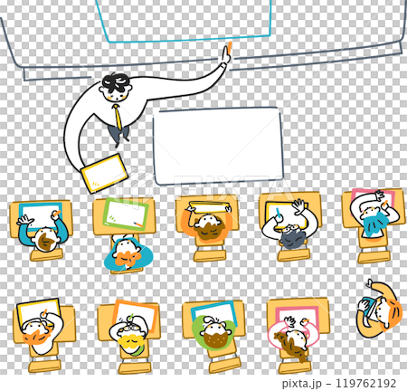小学校の授業風景　タブレットを使って授業を受ける生徒たち　俯瞰図　ストックイラスト素材 119762192