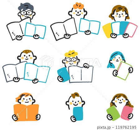 教科書や本、ノートを掲げる小学生たち　セットのストックイラスト素材 119762195