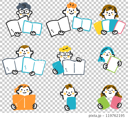 Stock illustration of a set of elementary school students holding textbooks, books, and notebooks 119762195