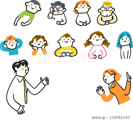 小学生たちと熱心に説明する先生たち　セットのストックイラスト素材 119762197