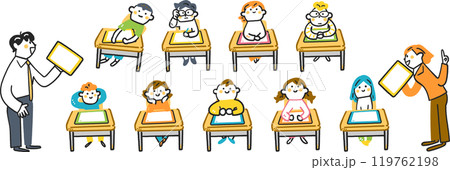 机にタブレットを置き座る小学生たちと熱心に説明する先生たち　セットのストックイラスト素材 119762198