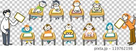 机にタブレットを置き座る小学生たちと熱心に説明する先生たち　セットのストックイラスト素材 119762198