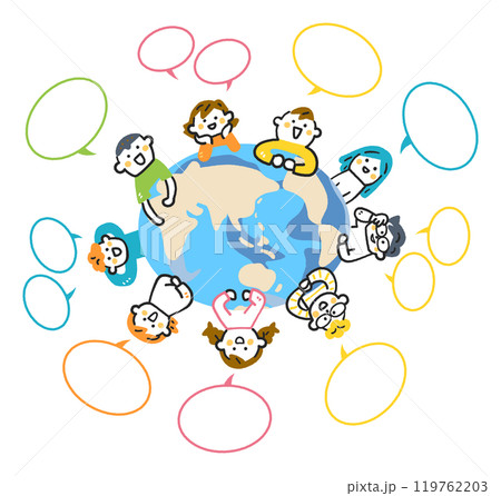 地球を囲んで会話する小学生たち　ストックイラスト素材 119762203