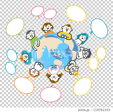 地球を囲んで会話する小学生たち　ストックイラスト素材 119762203