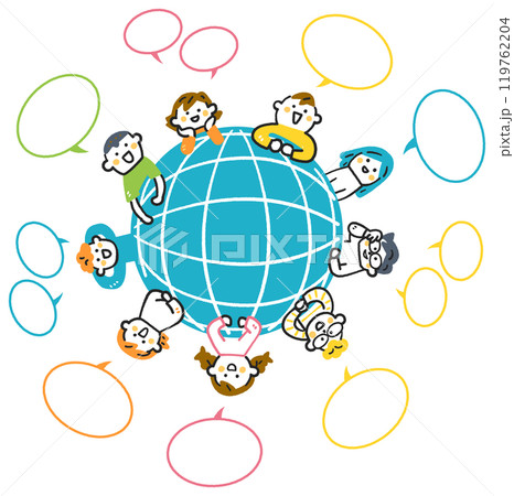 地球を囲んで会話する小学生たち　ストックイラスト素材 119762204