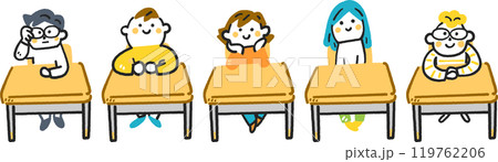 机に座る5人の小学生 セットのストックイラスト素材 机に座る5人の小学生 セットのストックイラスト素材 119762206