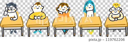 机に座る5人の小学生 セットのストックイラスト素材 机に座る5人の小学生 セットのストックイラスト素材 119762206