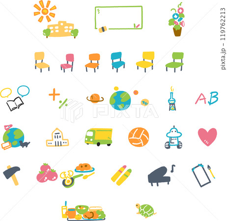 小学校の活動にかかわるアイコンのセット ストックイラスト素材 小学校の活動にかかわるアイコンのセット ストックイラスト素材 119762213