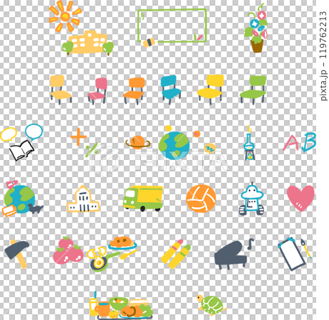 小学校の活動にかかわるアイコンのセット ストックイラスト素材 小学校の活動にかかわるアイコンのセット ストックイラスト素材 119762213