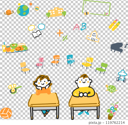 Two elementary school students and a set of icons related to elementary school activities Stock illustration material 119762214