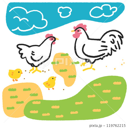 庭で遊ぶ鶏の家族　ストックイラスト素材 119762215
