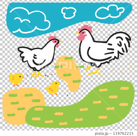 雞一家人在花園玩耍 庫存插畫素材 119762215