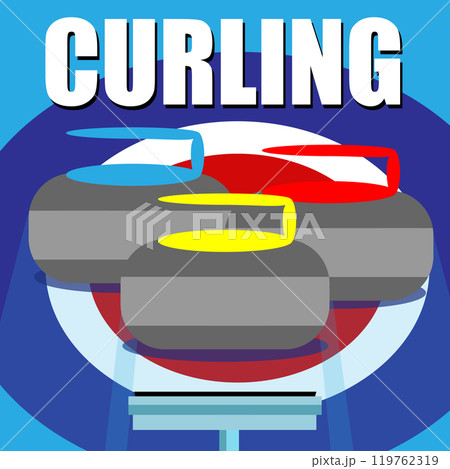 Sports equipment for curling, granite stones on the ice arena with the inscription Curling, winter team Olympic sport, poster of the sport of curling with curling broom that guides stones along sheet Sports equipment for curling, granite stones on the ice arena with the inscription Curling, winter team Olympic sport, poster of the sport of curling with curling broom that guides stones along sheet 119762319