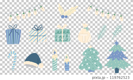 Christmas and party themed light blue decorations, cute hand drawn illustration set 119762523