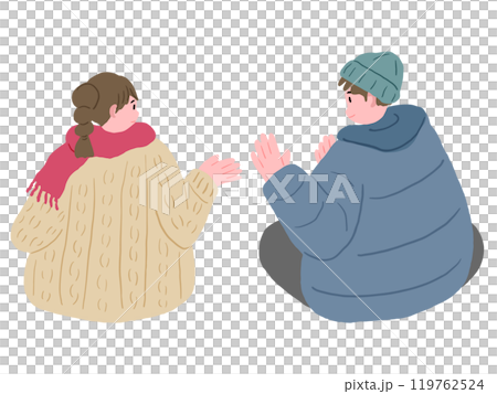 Woman and man in winter clothes sitting and talking smiling, cute hand drawn illustration 119762524