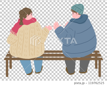 冬服を着てベンチで笑顔で話す女性と男性、かわいい手描きのイラスト 冬服を着てベンチで笑顔で話す女性と男性、かわいい手描きのイラスト 119762525
