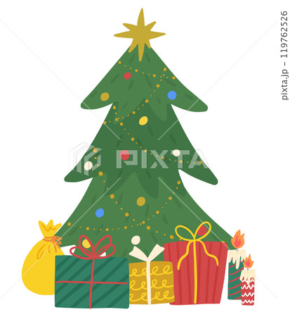 クリスマスツリーとたくさんのプレゼント、かわいい手描きのイラスト クリスマスツリーとたくさんのプレゼント、かわいい手描きのイラスト 119762526