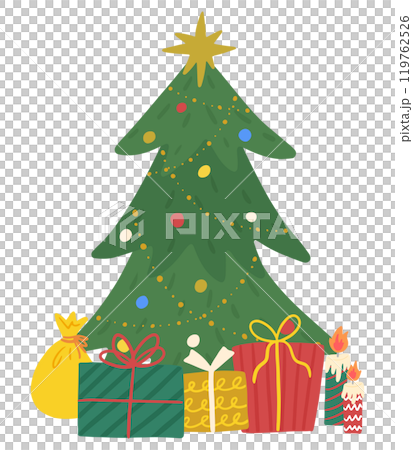 クリスマスツリーとたくさんのプレゼント、かわいい手描きのイラスト クリスマスツリーとたくさんのプレゼント、かわいい手描きのイラスト 119762526