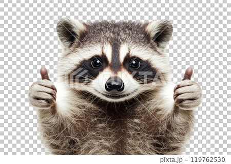 AI-generated item. Cute raccoon giving a thumbs up on a transparent background. 119762530