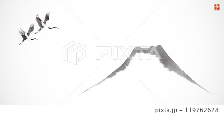 Minimalist ink painting with two cranes flying over the Fuj mountain. Traditional Japanese ink wash painting sumi-e. Hieroglyph - happiness. 119762628