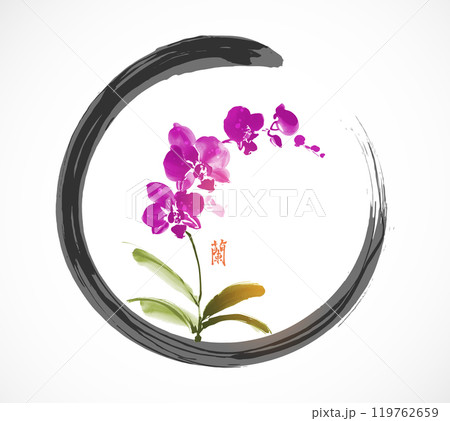 Minimalist ink wash painting with pink phalaenopsis orchid in black enso zen circle. Traditional oriental ink painting sumi-e, u-sin, go-hua. Translation of hieroglyph - orchid 119762659