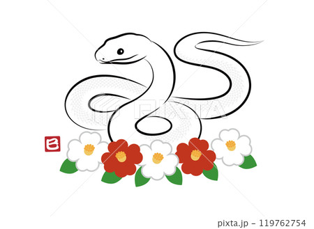ツバキのお花と八の字にとぐろを巻いている縁起の良い蛇のイラスト 墨絵風でお洒落な巳年の年賀状素材  119762754
