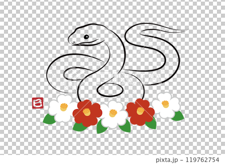 ツバキのお花と八の字にとぐろを巻いている縁起の良い蛇のイラスト 墨絵風でお洒落な巳年の年賀状素材  119762754