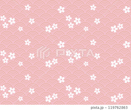 吉祥文様・和柄：シンプルでかわいいアレンジを加えた桜と波模様のシームレスパターン（青海波） 119762863