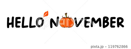 Hello November black text with pumpkin isolated on transparent background. Hello November text sticker png, label png, banner, poster design template Hello November black text with pumpkin isolated on transparent background. Hello November text sticker png, label png, banner, poster design template 119762866
