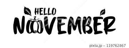 Hello November black text with pumpkin isolated on transparent background. Hello November text sticker png, label png, banner, poster design template 119762867