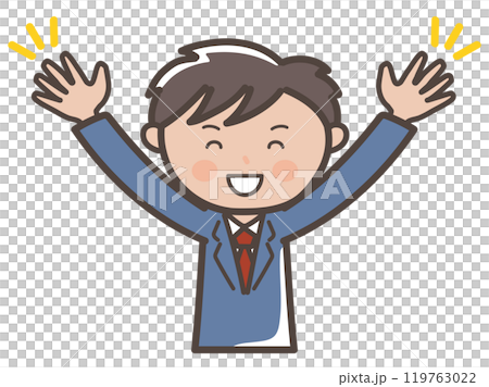 Illustration of a male businessman raising his arms in a big smile 119763022