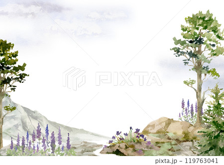 Scenery landscape of northern forest cliffs crags, bushes flowers, pine spruce tree alpine rocks cloudy sky hand drawn in watercolor. Frame for tourism, resort ads, hiking camping sites vacation. 119763041