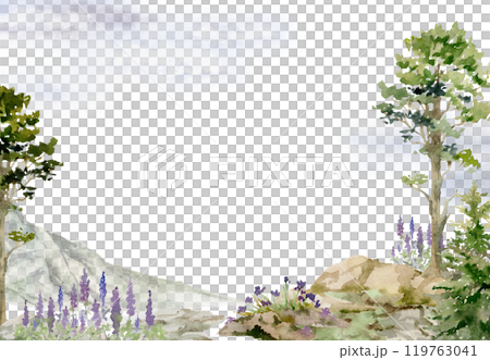Scenery landscape of northern forest cliffs crags, bushes flowers, pine spruce tree alpine rocks cloudy sky hand drawn in watercolor. Frame for tourism, resort ads, hiking camping sites vacation. 119763041