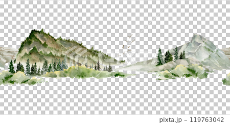 Scenery landscape alpine vista, coniferous forest fir spruce trees, mountains fields hills pasture land, hand drawn in watercolor. Seamless banner. Tourism, resort ads, hiking camping sites, vacation. Scenery landscape alpine vista, coniferous forest fir spruce trees, mountains fields hills pasture land, hand drawn in watercolor. Seamless banner. Tourism, resort ads, hiking camping sites, vacation. 119763042