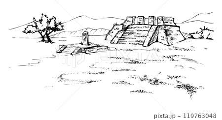 Mesoamerica Aztec ancient pyramid ruins on plain grassy field with tree, mountains hills backdrop. Hand drawn ink vector illustration, isolated scenic landscape. Design travel, vacation, brochure 119763048