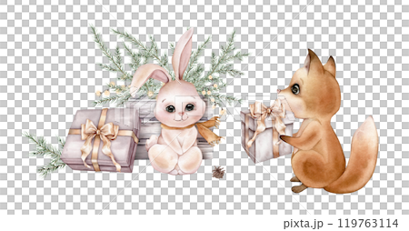 Watercolor Christmas cute winter hare and fox with New Year's garland, tree branch in wooden box and gift box with golden bow. Hand painted fir-needle and pine cone illustration on isolated. Watercolor Christmas cute winter hare and fox with New Year's garland, tree branch in wooden box and gift box with golden bow. Hand painted fir-needle and pine cone illustration on isolated. 119763114