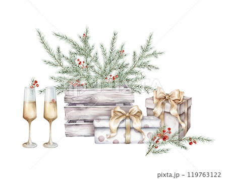 Watercolor illustration with glasses of white wine or champagne. Christmas tree branch with red berry of ilex in wooden box made. Hand drawn New Year alcohol beveragea and gift box. 119763122