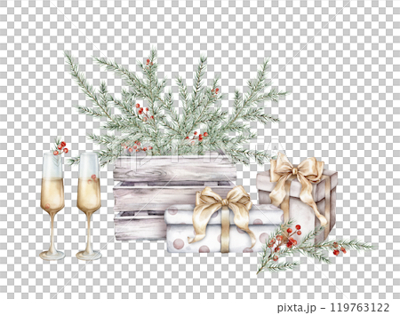 Watercolor illustration with glasses of white wine or champagne. Christmas tree branch with red berry of ilex in wooden box made. Hand drawn New Year alcohol beveragea and gift box. 119763122