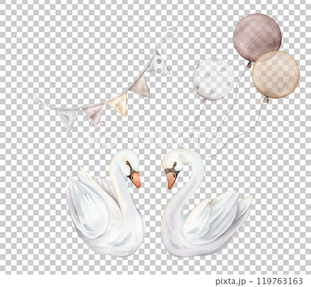 Watercolor hand painted illustration of couple of cute swans in love in pastel color. Garland with flags and balloons on isolated. Wedding symbol of fidelity in the family. For wedding greeting card. 119763163