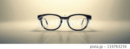A pair of classic black eyeglasses sits prominently on a smooth surface, illuminated by soft diffused light that highlights their design. Generative AI A pair of classic black eyeglasses sits prominently on a smooth surface, illuminated by soft diffused light that highlights their design. Generative AI 119763256