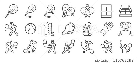 Padel tennis out icon set. It included contexts such as padel tennis, racket, paddle, player, ball, playing, and more. Editable Vector Stroke. Padel tennis out icon set. It included contexts such as padel tennis, racket, paddle, player, ball, playing, and more. Editable Vector Stroke. 119763298