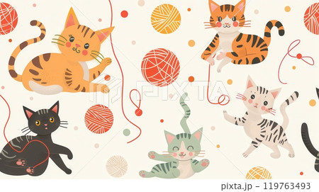 Several cats are energetically playing with balls and yarn, creating a joyful and lively atmosphere filled with color. Generative AI 119763493