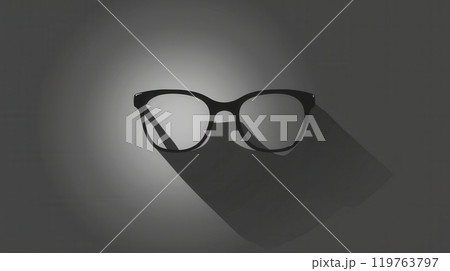 A pair of elegant eyeglasses is centered against a softly lit backdrop, creating striking shadows that enhance their design. Generative AI A pair of elegant eyeglasses is centered against a softly lit backdrop, creating striking shadows that enhance their design. Generative AI 119763797