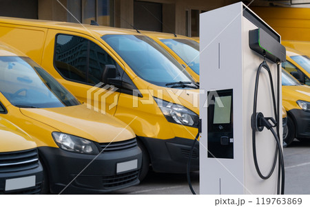 Electric delivery vans with electric vehicles charging station 119763869