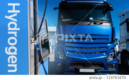 A hydrogen fuel cell semi truck near filling station. Eco-friendly commercial vehicle concept A hydrogen fuel cell semi truck near filling station. Eco-friendly commercial vehicle concept 119763870